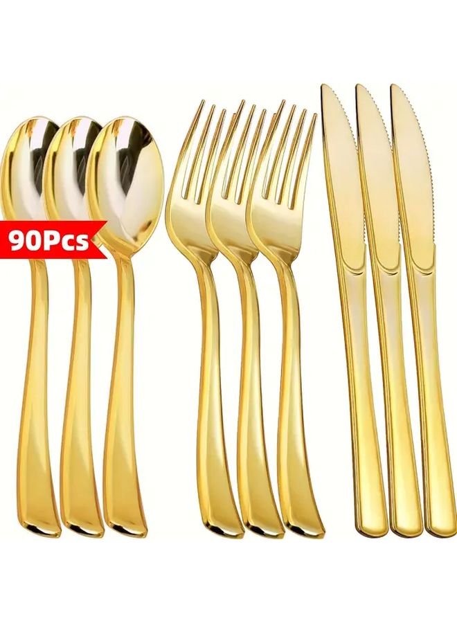 90 Pieces Golden Plastic Cutlery Set Disposable Silverware Forks Spoons Knives - Image 2