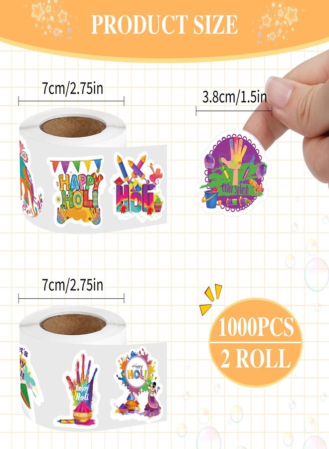 EoBeCy 1000 Pcs Holi Festival Sticker Roll, Colorful Holi Celebration Stickers with 16 Designs, Sealing Labels for Treat Bags Party Favors Gift Packaging (500 Per Roll) - Image 2