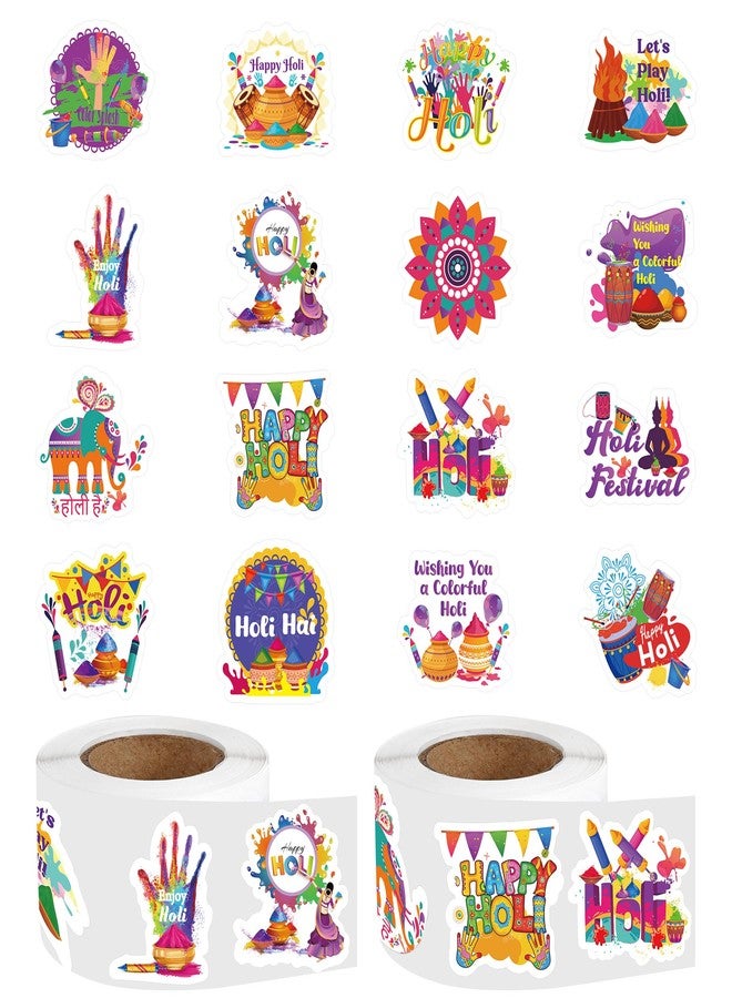 EoBeCy 1000 Pcs Holi Festival Sticker Roll, Colorful Holi Celebration Stickers with 16 Designs, Sealing Labels for Treat Bags Party Favors Gift Packaging (500 Per Roll) - Image 1