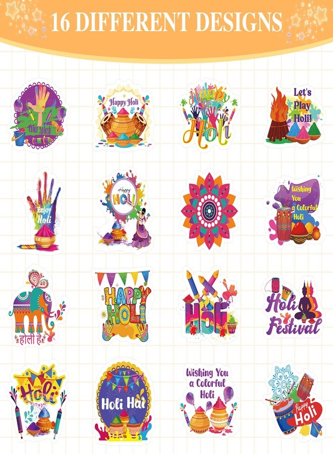 EoBeCy 1000 Pcs Holi Festival Sticker Roll, Colorful Holi Celebration Stickers with 16 Designs, Sealing Labels for Treat Bags Party Favors Gift Packaging (500 Per Roll) - Image 3
