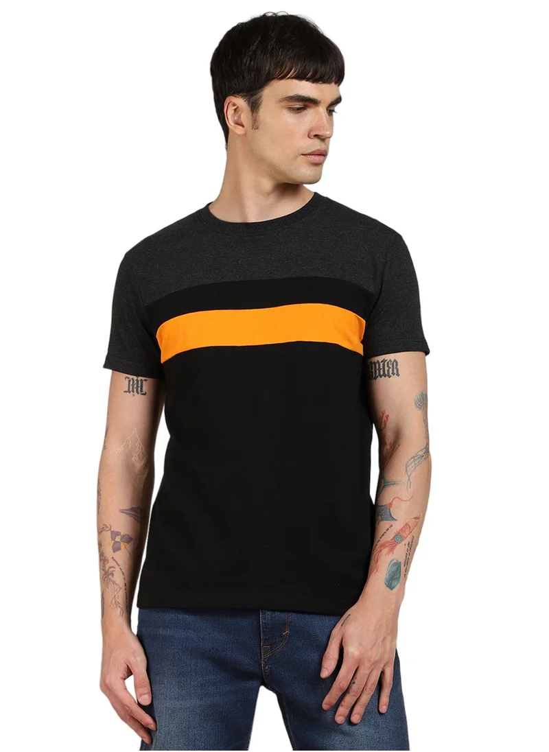 دينيس لينغو Black Colourblocked Regular Fit Crew Neck T-shirt for Men - 100% Cotton, Half Sleeves, Casual