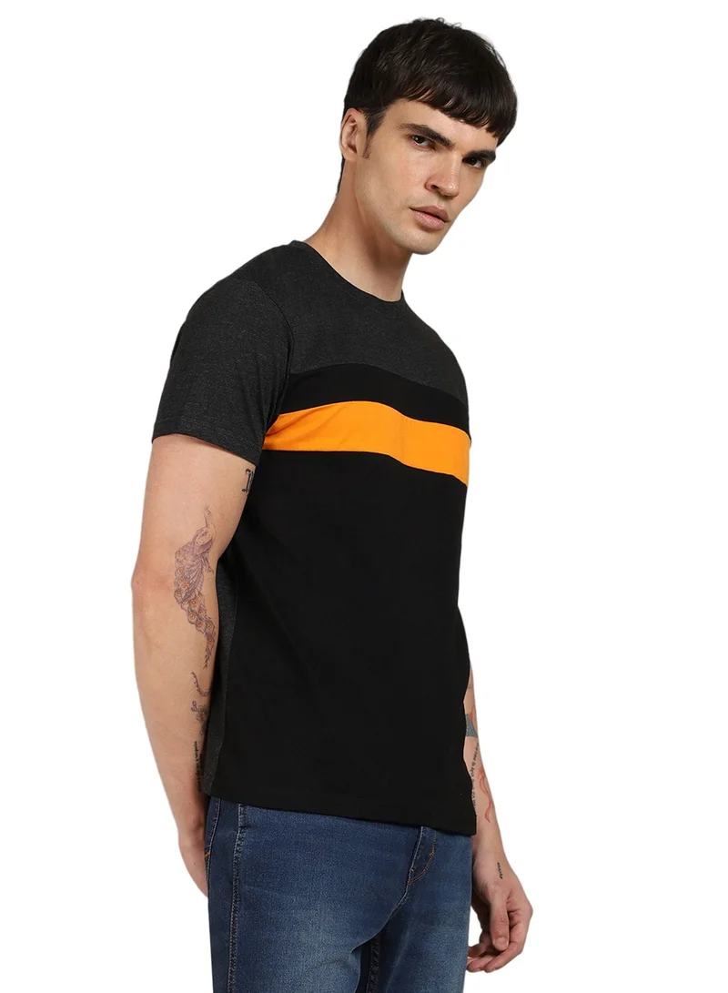 Dennis Lingo Black Colourblocked Regular Fit Crew Neck T-shirt for Men - 100% Cotton, Half Sleeves, Casual