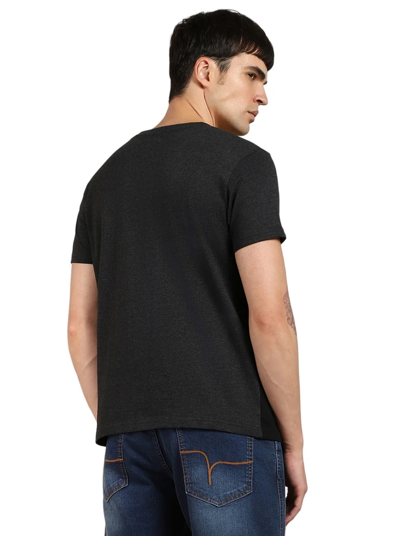 Dennis Lingo Black Colourblocked Regular Fit Crew Neck T-shirt for Men - 100% Cotton, Half Sleeves, Casual
