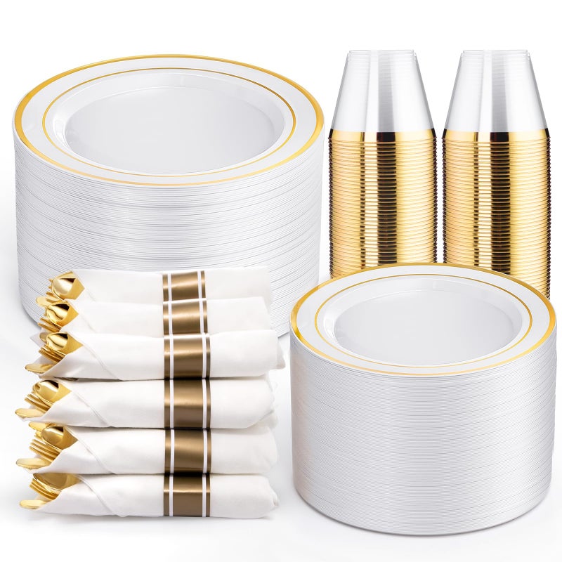 WELLIFE 350Pcs White and Gold Plastic Plates for 50 Guests  Plastic Dinnerware Set Includes 100 Gold Plates150 Silverware50 Napkins50 Cups for PartyDisposable Plates for Party
