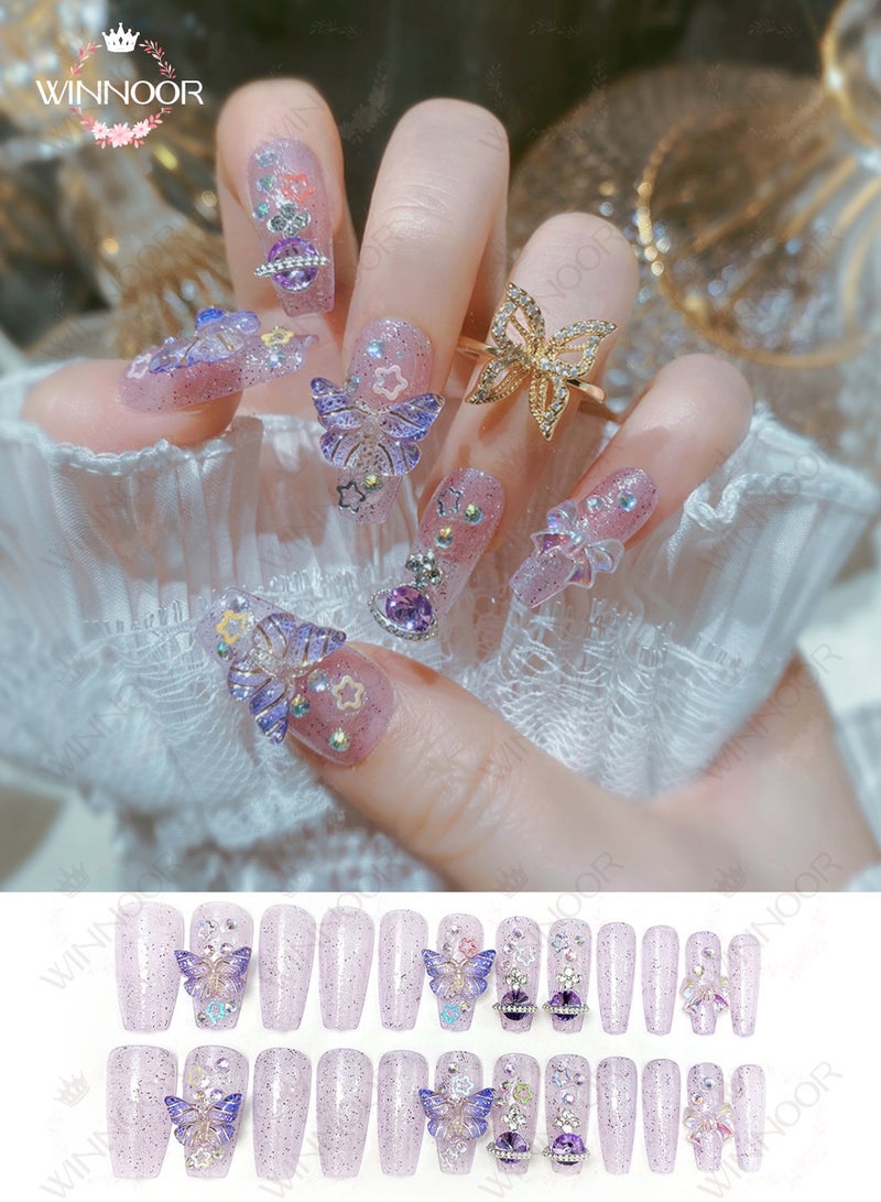 وينور WINNOOR 24 قطعة أظافر صناعية بالضغط بتصميم أوراق القيقب اللامعة، تابوت طويل بتصميم الخريف، مجموعة أظافر اصطناعية - Image 4
