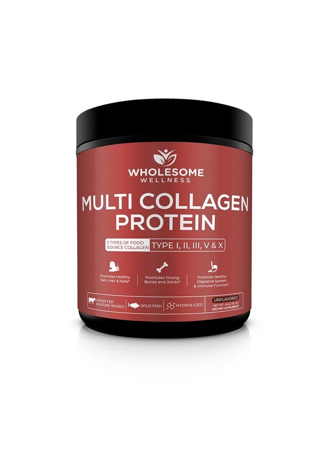 Wholesome Wellness Multi Collagen Protein Powder Hydrolyzed (Type I II III V X) Grass-Fed All-in-One Super Bone Broth + Collagen Peptides - Premium Blend of Beef, Chicken, Wild Fish, Eggshell, 58 Servings, Unflavoured 