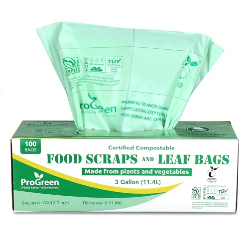 ProGreen Compostable Trash Bags 3 Gallon, Extra Thick 0.71 Mil, 100 Count, Small Kitchen Compost Bin Bags, Food Scraps Yard Waste Bags, Compost ASTM D6400 BPI and TÜV AUSTRIA Certified - Image 1