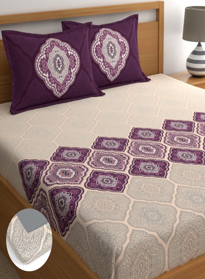 Dreamscape 100% Cotton King Fitted Bedsheet with 2 Pillow Covers | 140 TC Ethnic Purple for King Bed (6ft X 6.5ft) - Image 1