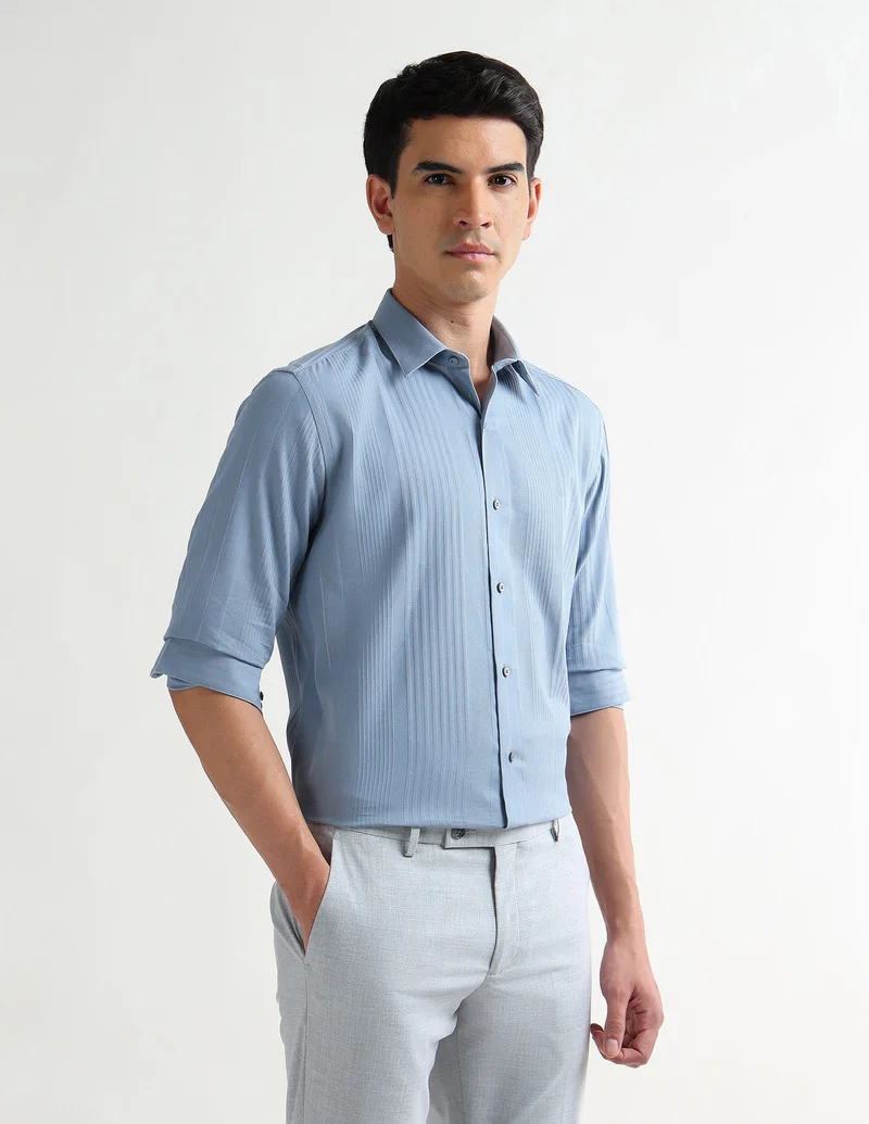 Arrow Teal Vertical Striped Manhattan Slim Fit shirt for Men | Best Price UAE