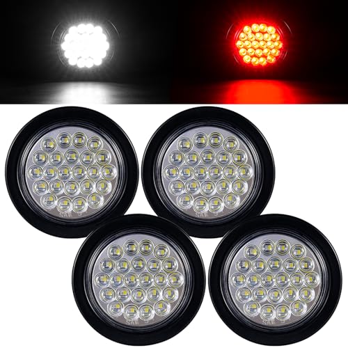 PVerandio Pack of 4 4 Inch LED Round Trailer Lights - 24 LED RED Stop/Turn Signal Tail Lights & 4" WHITE Back-up/Reverse Lights for Trailer Truck with 3 Prong Wire Pigtails - Image 1