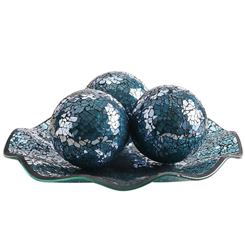 WHOLE HOUSEWARES WHOLE HOUSEWARES  115 Glass Mosaic Decorative Centerpiece Tray  Home Dcor Centerpiece Bowl  Bowl with 3PCS 375 Mosaic Decorative Balls Turquoise Decor 