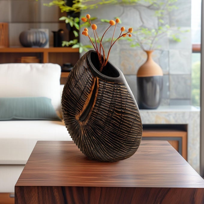 POLYRESIN LONG FLOWER VASE FOR CORNER DECORATIVE ITEM FLOWER VASE BIG SIZE ANTIQUE HOME DECOR ITEMS FOR LIVING ROOM OFFICE RECEPTION VASE FOR HOME DECOR DEEP BROWN