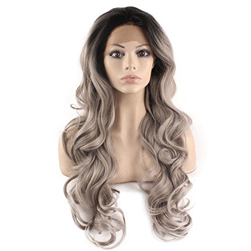 Mxangel Long Wavy Celebrity Half Hand Tied Synthetic Lace Front Black Gray Ombre Wig Two Tone Natural Grey Wig