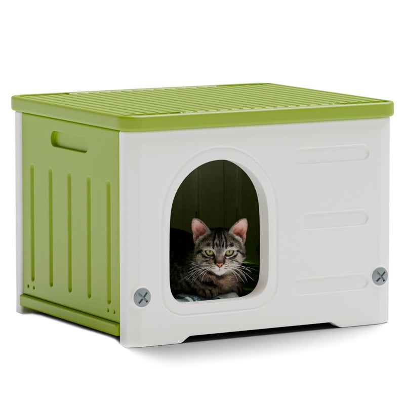 TSEHOOHOO Plastic Cat House for Outdoor Indoor Use, Stackable Feral Cat Shelter Indoor Cat House Weatherproof Waterproof Elevated (Green) - Image 1