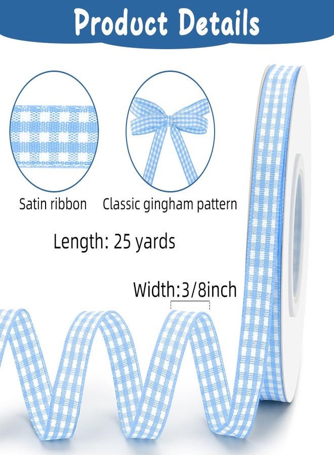FFNMU Blue Gingham Ribbon 3/8 Inch 25 Yards Light Blue and White Checkered Ribbon for Gift Wrapping Buffalo Plaid Ribbons for Crafts DIY Flower Bouquet Bows Baby Shower Birthday Gingham Party Decorations - Image 2
