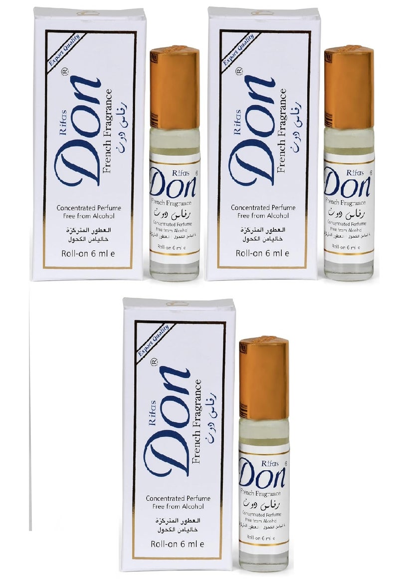 ثلاثة قطع من عطر ريفاس دون الفرنسي رول أون خالي من الكحول أبيض 6x3 مل