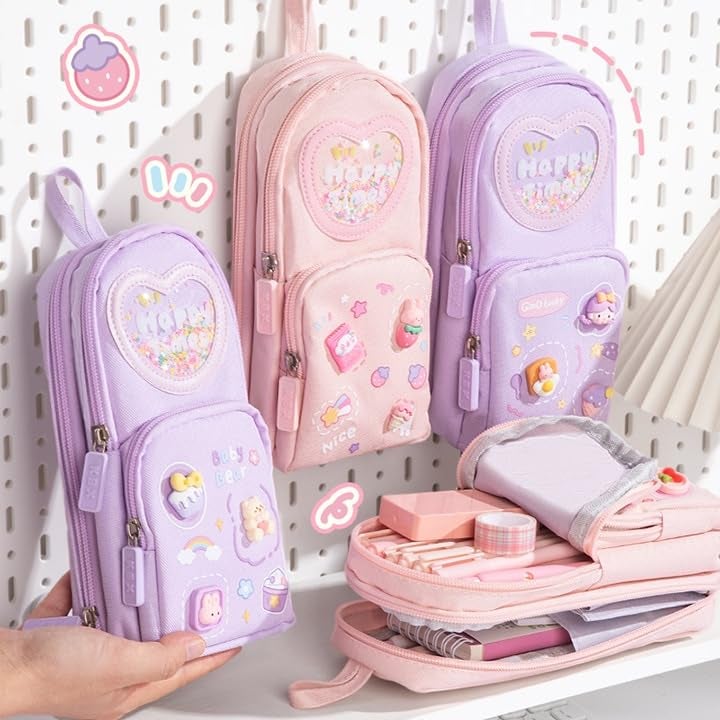 Galaxy Hi-Tech Canvas Pencil Case 3 Compartment Cute Aesthetic Pencil Case For Girls Large Capacity Pencil Pouch Multifunctional Pouch For School Kids Students Cute Stationary (Multi-Colour, pink) - Image 2