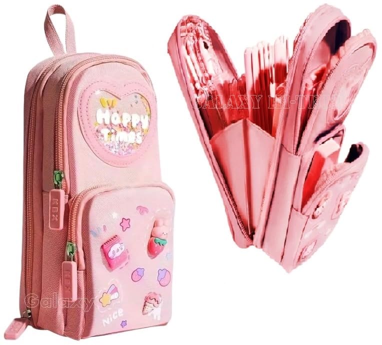 Galaxy Hi-Tech Canvas Pencil Case 3 Compartment Cute Aesthetic Pencil Case For Girls Large Capacity Pencil Pouch Multifunctional Pouch For School Kids Students Cute Stationary (Multi-Colour, pink) - Image 1