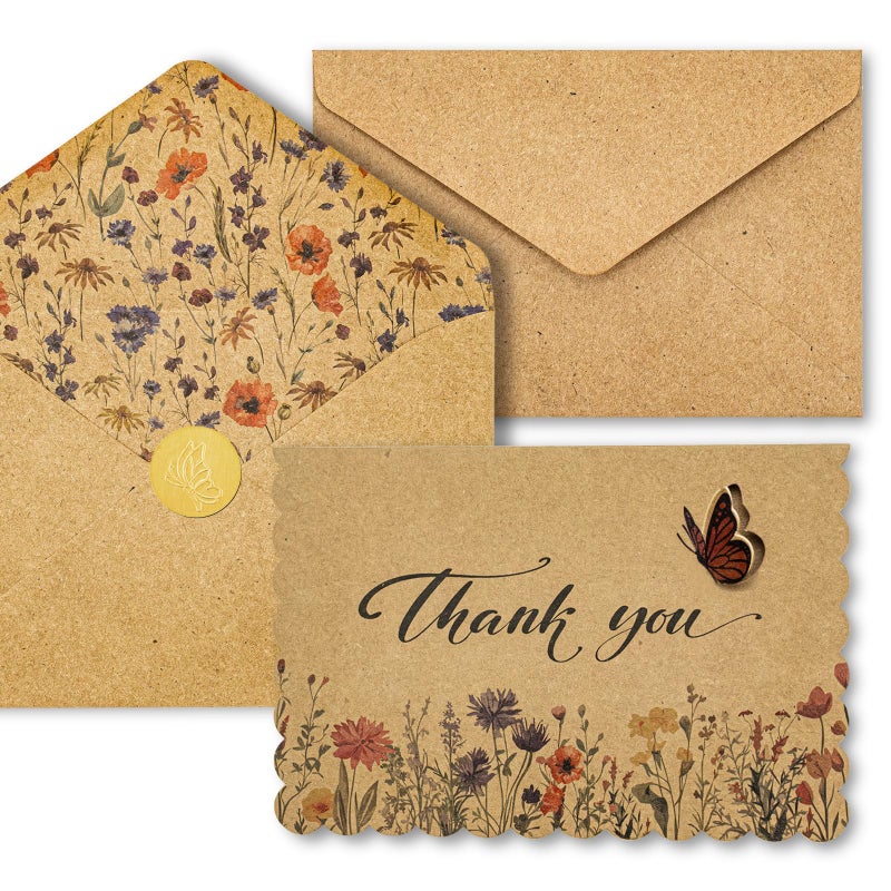 AZAZA Floral Thank You Cards with Envelopes 24 PK, Wedding Cards Unique Floral Design, 4x6 Wildflower Thank You Notes for Baby Shower, Bridal Shower, Sympathy (Kraft Butterfly) - Image 1