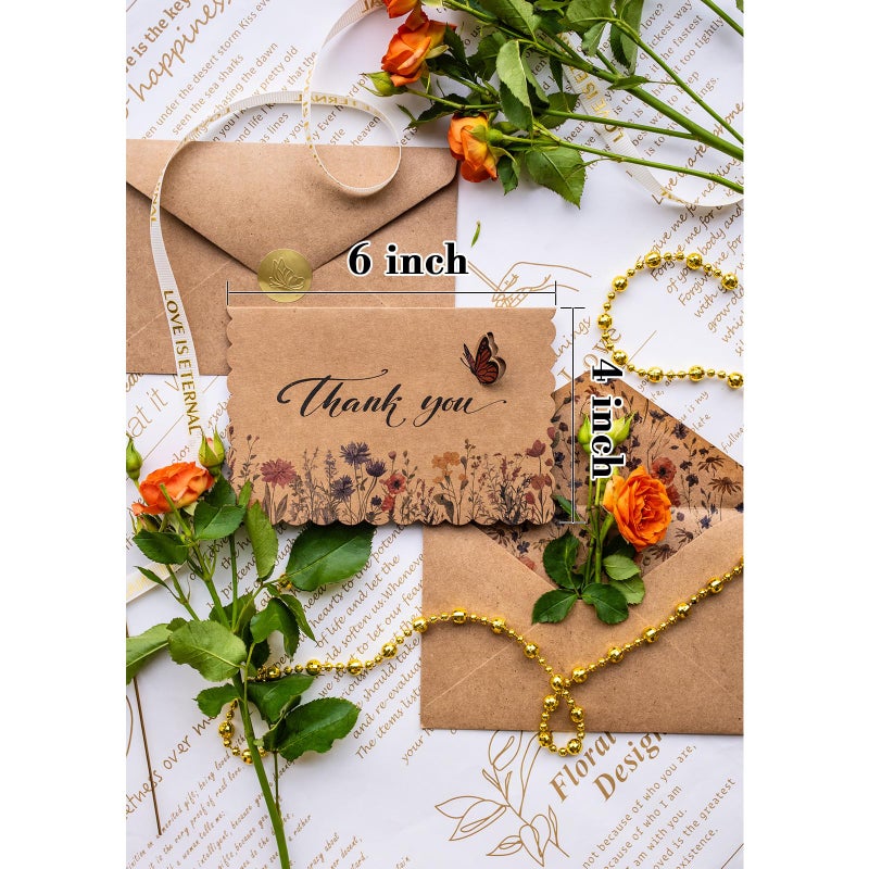 AZAZA Floral Thank You Cards with Envelopes 24 PK, Wedding Cards Unique Floral Design, 4x6 Wildflower Thank You Notes for Baby Shower, Bridal Shower, Sympathy (Kraft Butterfly) - Image 3