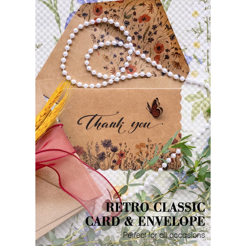 AZAZA Floral Thank You Cards with Envelopes 24 PK, Wedding Cards Unique Floral Design, 4x6 Wildflower Thank You Notes for Baby Shower, Bridal Shower, Sympathy (Kraft Butterfly) - Image 2
