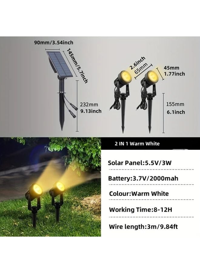 2 في 1 أضواء سبوت خارجية تعمل بالطاقة الشمسية، دافئة بيضاء، مقاومة للماء IP65، لإضاءة الحدائق والمناظر الطبيعية - Image 1