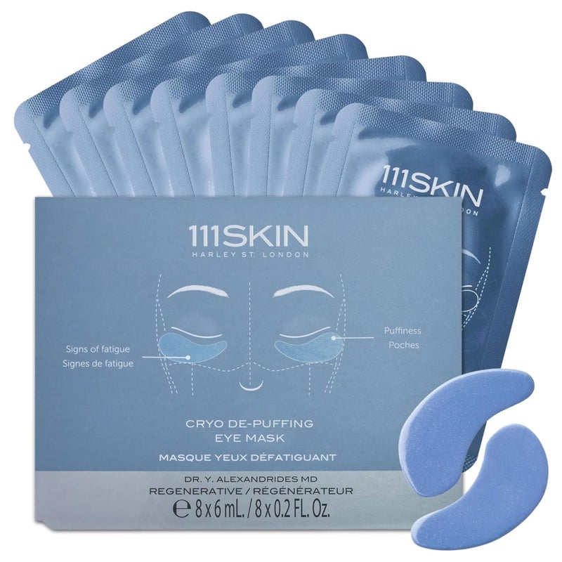 111SKIN قناع العين 111SKIN للتخلص من الانتفاخ، لاصقات مرطبة تحت العين للعيون المنتفخة والهالات السوداء مع مستخلص الطحالب، فيتامين E ومركب الببتيد، تركيبة مغذية للتجاعيد والانتفاخ، 8 أزواج، أزرق - Image 1