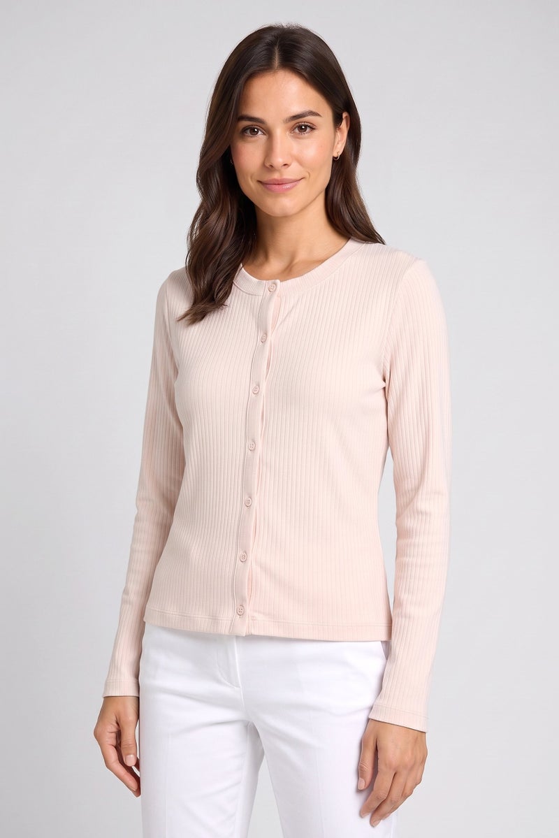 Threadbare Women Ribbed Round Neck Long Sleeve Cardigan, Cream - Image 1