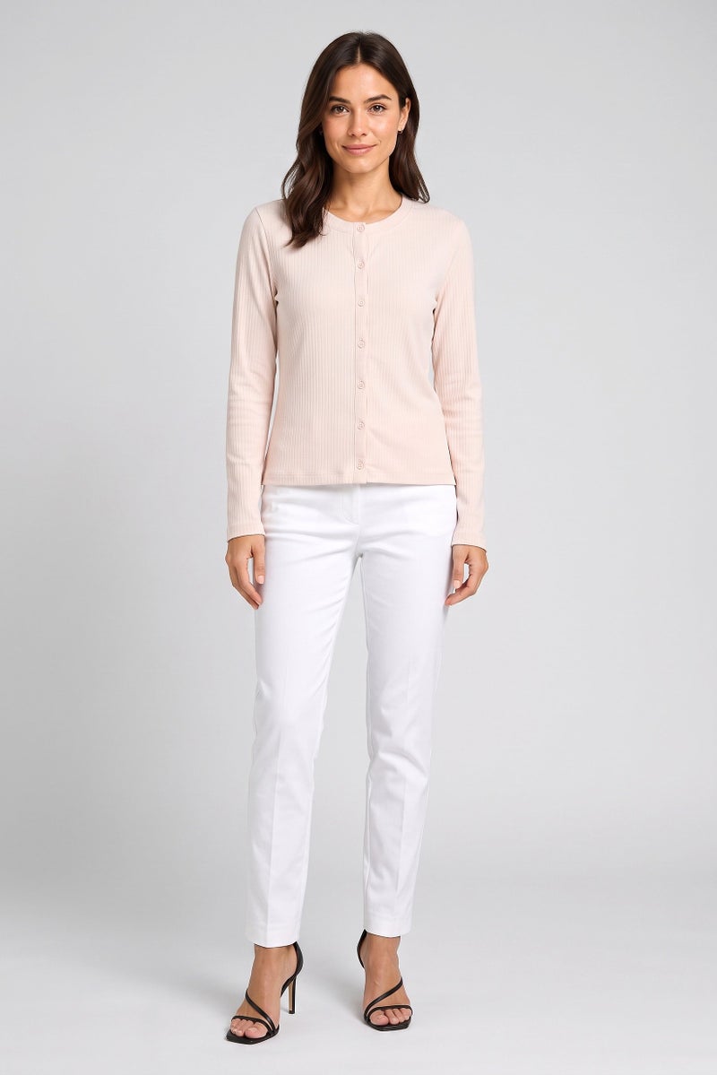 Threadbare Women Ribbed Round Neck Long Sleeve Cardigan, Cream - Image 2