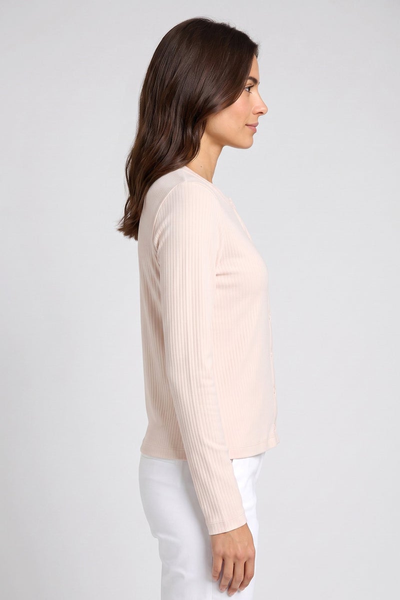 Threadbare Women Ribbed Round Neck Long Sleeve Cardigan, Cream - Image 3
