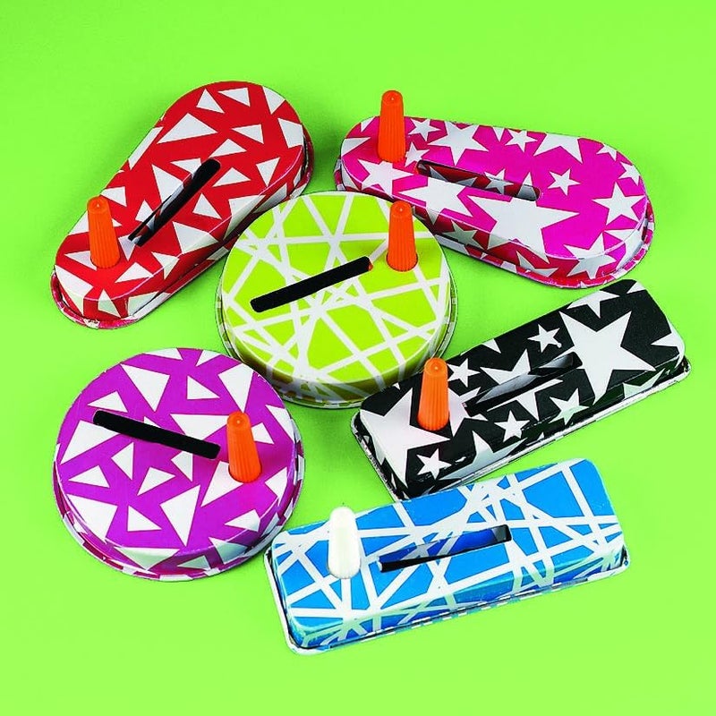 Fun Express Bulk Metal Noise Makers and Clackers - 50 Assorted Sizes, Shapes, and Bright Colors for New Year's and Sporting Events - Image 2