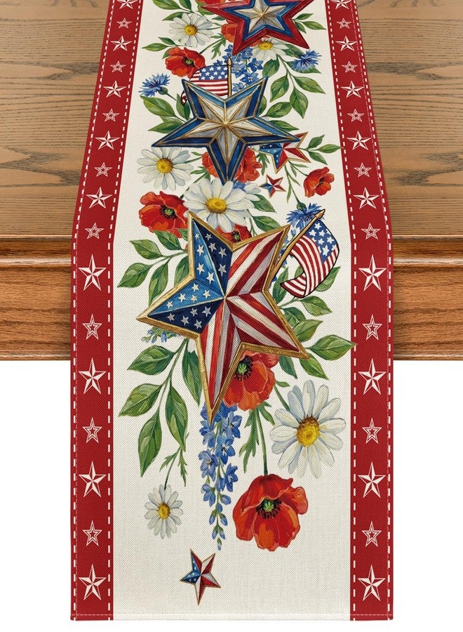 Artoid Mode American Flag Stars Flowers 210 GSM 4th of July Table Runner, Memorial Day Kitchen Dining Table Decoration for Home Party Decor 13x60 Inch - Image 1