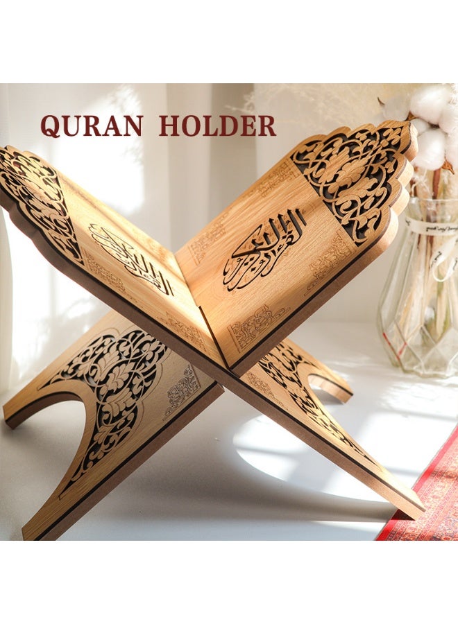 زيرا حامل قرآن خشبي قابل للطي بتصميم زهري مفرغ بالليزر وزخارف عربية، 37 × 23 سم - Image 1