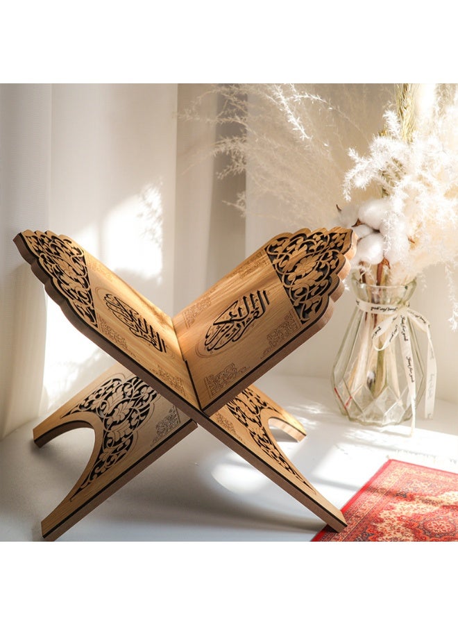 زيرا حامل قرآن خشبي قابل للطي بتصميم زهري مفرغ بالليزر وزخارف عربية، 37 × 23 سم - Image 4