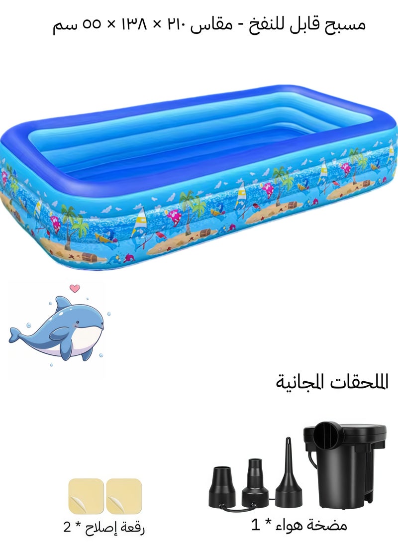 أَليفينجهوم مسبح  قابل للنفخ مع مضخة هواء للأطفال والكبار، ٢١٠ × ١٣٨ × ٥٥ سم، حوض سباحة مستعمل عائلي مستطيل مصنوع من PVC سميك مقوى للاستخدام في الخارج والحديقة والفناء الخلفي وحفلات الصيف. - Image 1