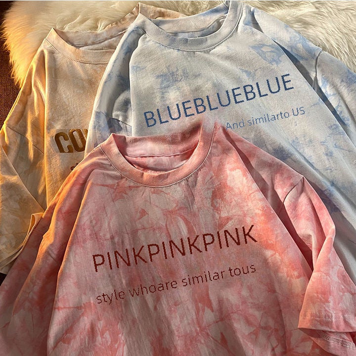 Loquat Tie-Dye Embroidered Letter Tee 2024 Summer Loose Fit Blue - Image 3