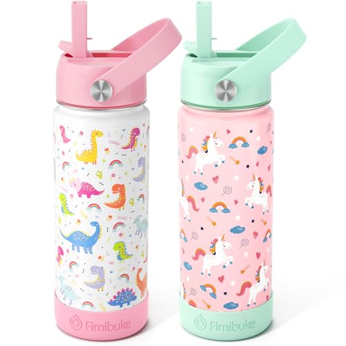 Fimibuke Kids Insulated Water Bottle, 18oz BPA FREE Kid Cup with Straw Double Wall Vacuum Tumbler 18/8 Stainless Steel Leak Proof Toddler Water Bottle for School Boys Girls (2 Pack, Unicorn/Dinosaur) - Image 1