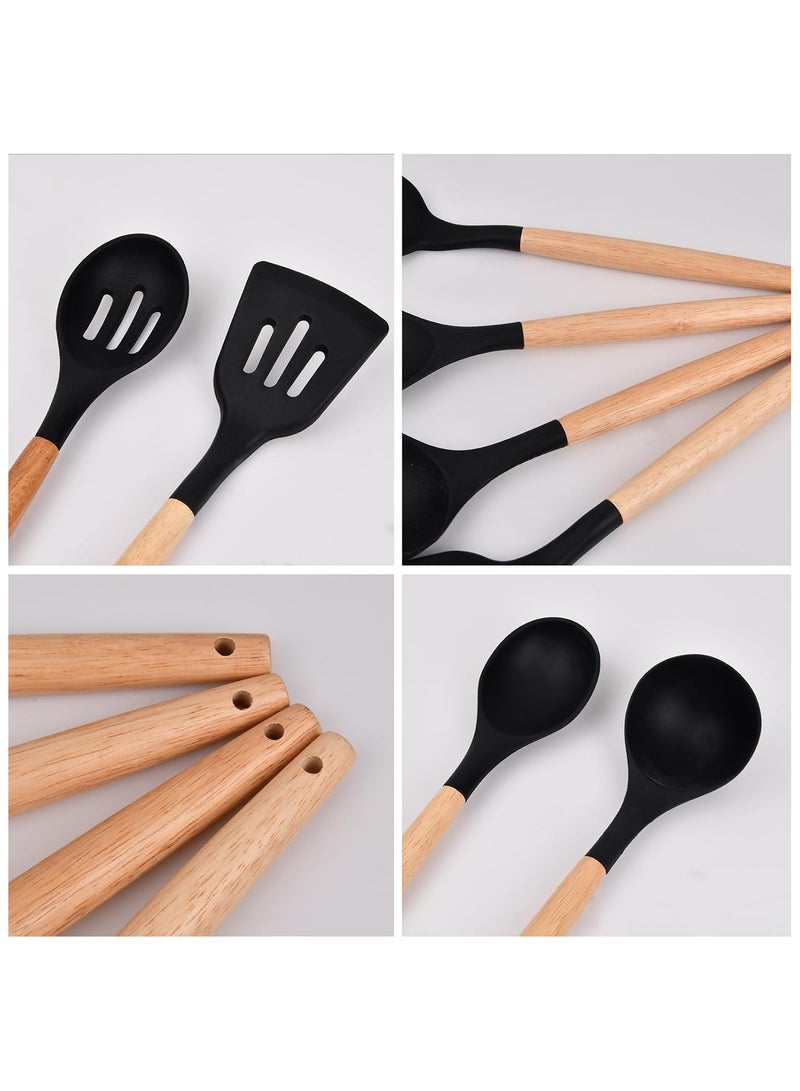 مارك ستور مجموعة أدوات مطبخ مكونة من 12 قطعة لجميع أنواع أواني الطهي، مجموعة أدوات سيليكون مقاومة للحرارة، ملاعق خشبية، أدوات لأواني الطهي غير اللاصقة - Image 3