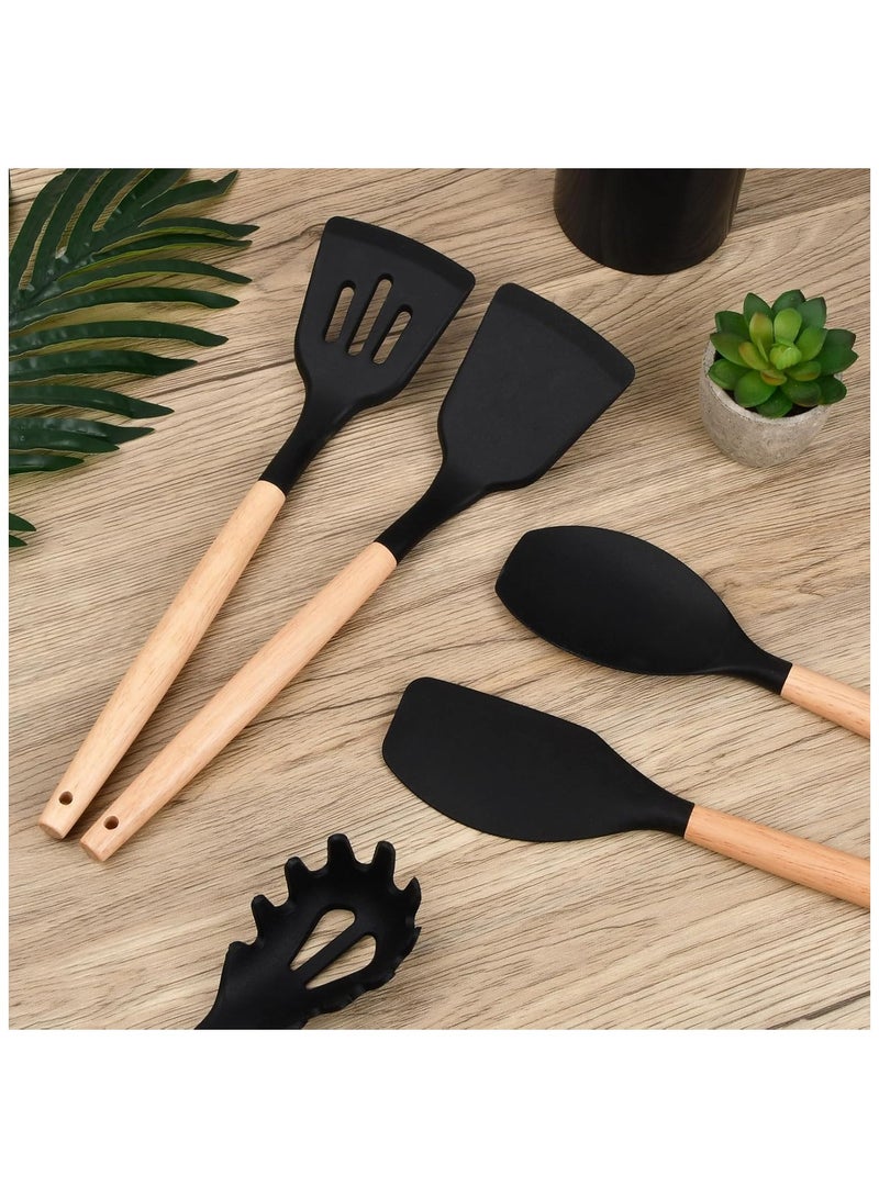 مارك ستور مجموعة أدوات مطبخ مكونة من 12 قطعة لجميع أنواع أواني الطهي، مجموعة أدوات سيليكون مقاومة للحرارة، ملاعق خشبية، أدوات لأواني الطهي غير اللاصقة - Image 4