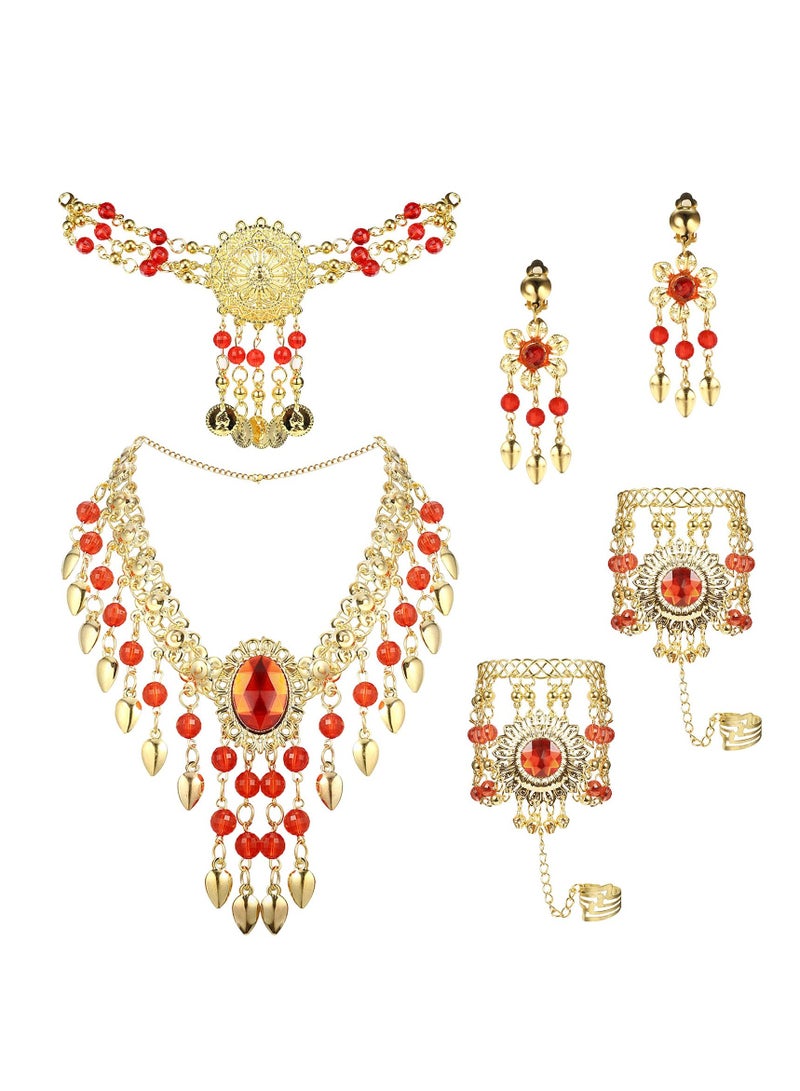 Excefore Belly Dance Jewelry Set for Women Head Jewelry Triangle Bracelet Rings Statement Necklace Clip on Earrings Indian Bollywood Style  Party Costume - Image 1