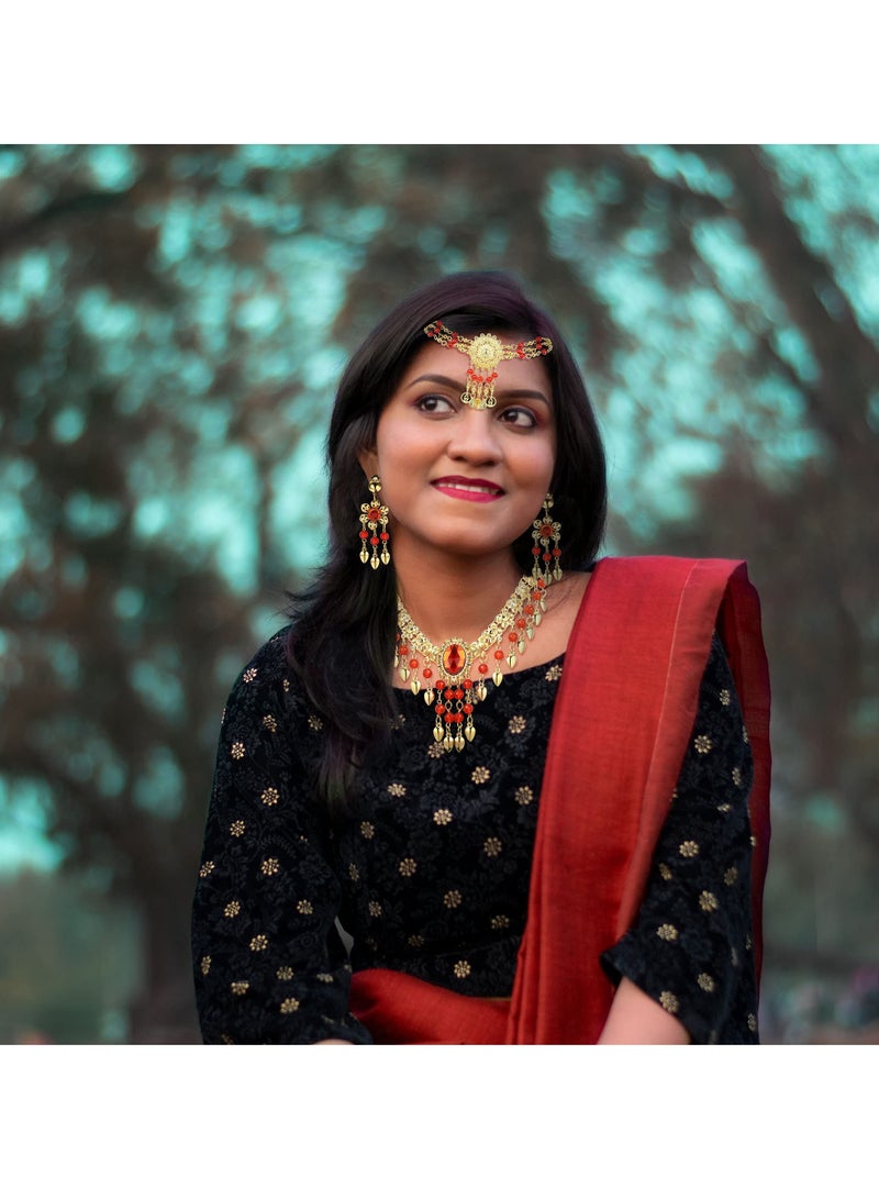 Excefore Belly Dance Jewelry Set for Women Head Jewelry Triangle Bracelet Rings Statement Necklace Clip on Earrings Indian Bollywood Style  Party Costume - Image 2