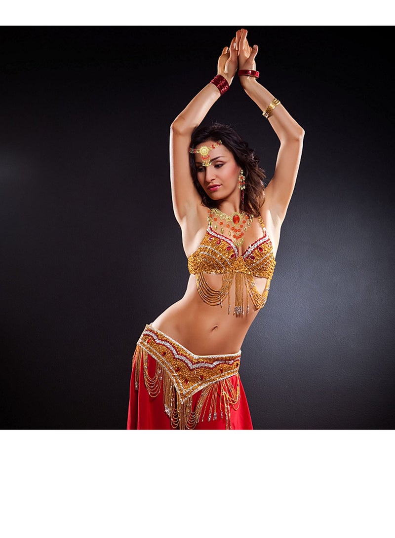 Excefore Belly Dance Jewelry Set for Women Head Jewelry Triangle Bracelet Rings Statement Necklace Clip on Earrings Indian Bollywood Style  Party Costume - Image 5