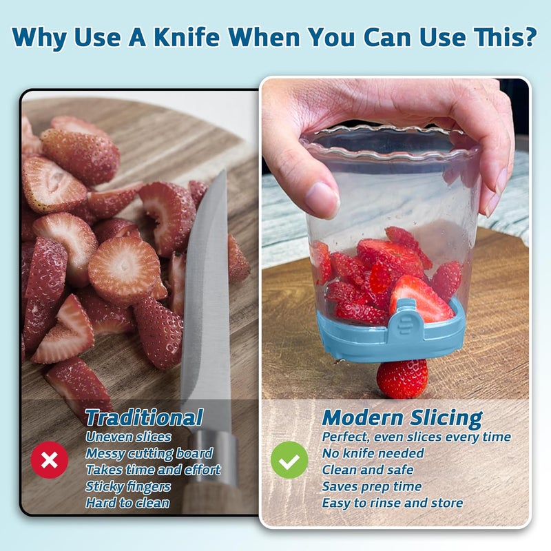 ANSOTHIN Strawberry Slicer Cup with Push Plate, Fruit Cutter Kitchen Gadget for Egg, Kiwi, Banana, Cucumber, Easy Fruit & Vegetable Slicer, Strawberry Cutter Tool for Quick Safe Cutting (Blue) - Image 3