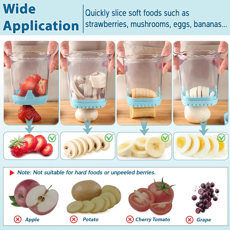 ANSOTHIN Strawberry Slicer Cup with Push Plate, Fruit Cutter Kitchen Gadget for Egg, Kiwi, Banana, Cucumber, Easy Fruit & Vegetable Slicer, Strawberry Cutter Tool for Quick Safe Cutting (Blue) - Image 5