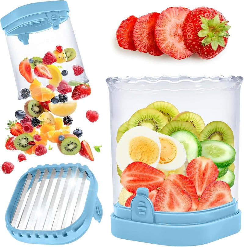 ANSOTHIN Strawberry Slicer Cup with Push Plate, Fruit Cutter Kitchen Gadget for Egg, Kiwi, Banana, Cucumber, Easy Fruit & Vegetable Slicer, Strawberry Cutter Tool for Quick Safe Cutting (Blue) - Image 1