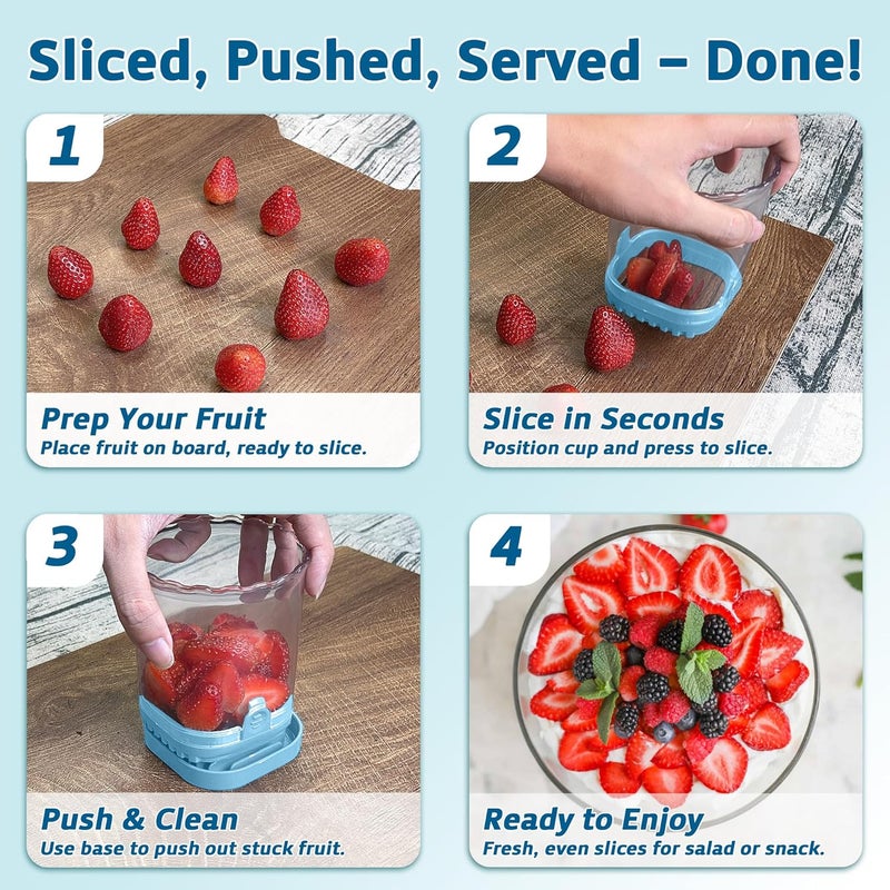 ANSOTHIN Strawberry Slicer Cup with Push Plate, Fruit Cutter Kitchen Gadget for Egg, Kiwi, Banana, Cucumber, Easy Fruit & Vegetable Slicer, Strawberry Cutter Tool for Quick Safe Cutting (Blue) - Image 4