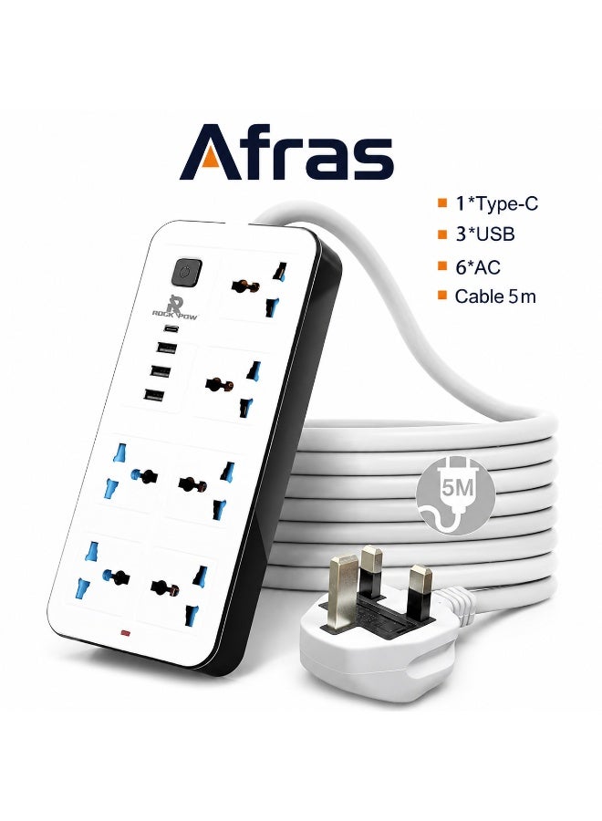 باور توصيلة كهربائية Afras بطول 5 متر مع 6 مقابس عالمية و3 منافذ USB ومنفذ Type-C – فيشة بريطانية ثلاثية - Image 1