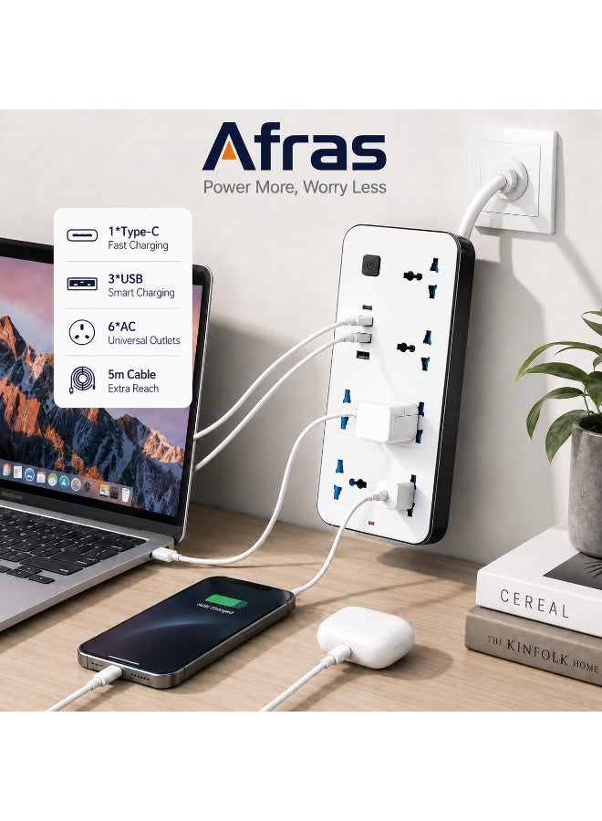 باور توصيلة كهربائية Afras بطول 5 متر مع 6 مقابس عالمية و3 منافذ USB ومنفذ Type-C – فيشة بريطانية ثلاثية - Image 3