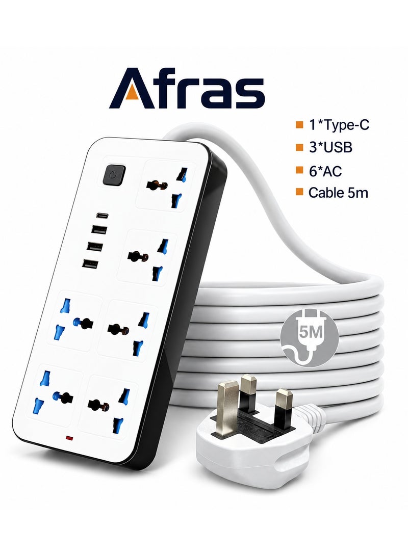POWER 5M Power Extension Strip with 6 Universal AC Outlets, 3 USB Ports & 1 Type-C Port – UK 3-Pin Plug Multi-Socket Extension - Image 1