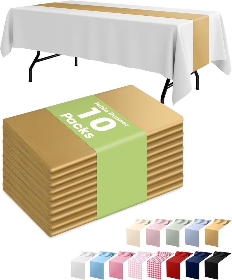 Gold Table Runner - 10 Packs, 14'' × 108'' Plastic Table Runners, Stain-Proof & Water Resistant - Image 1